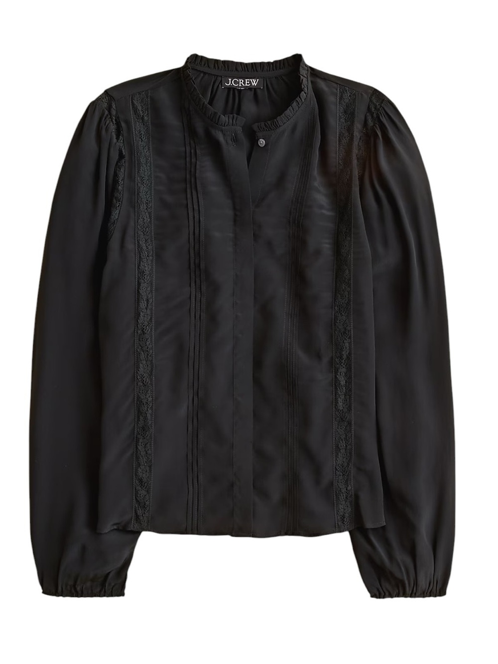 J. Crew Lace Trim Pintuck Top in Crepe de Chine 6 Black Workwear Office NWT